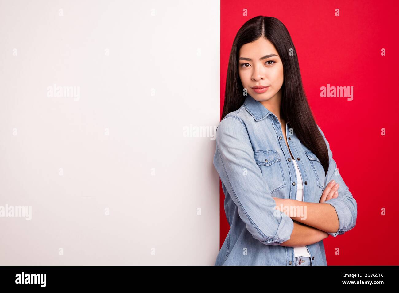 Retrato de una chica atractiva cerca de un gran cartel en blanco  información de anuncios doblados brazos aislados sobre fondo de color rojo  brillante Fotografía de stock - Alamy