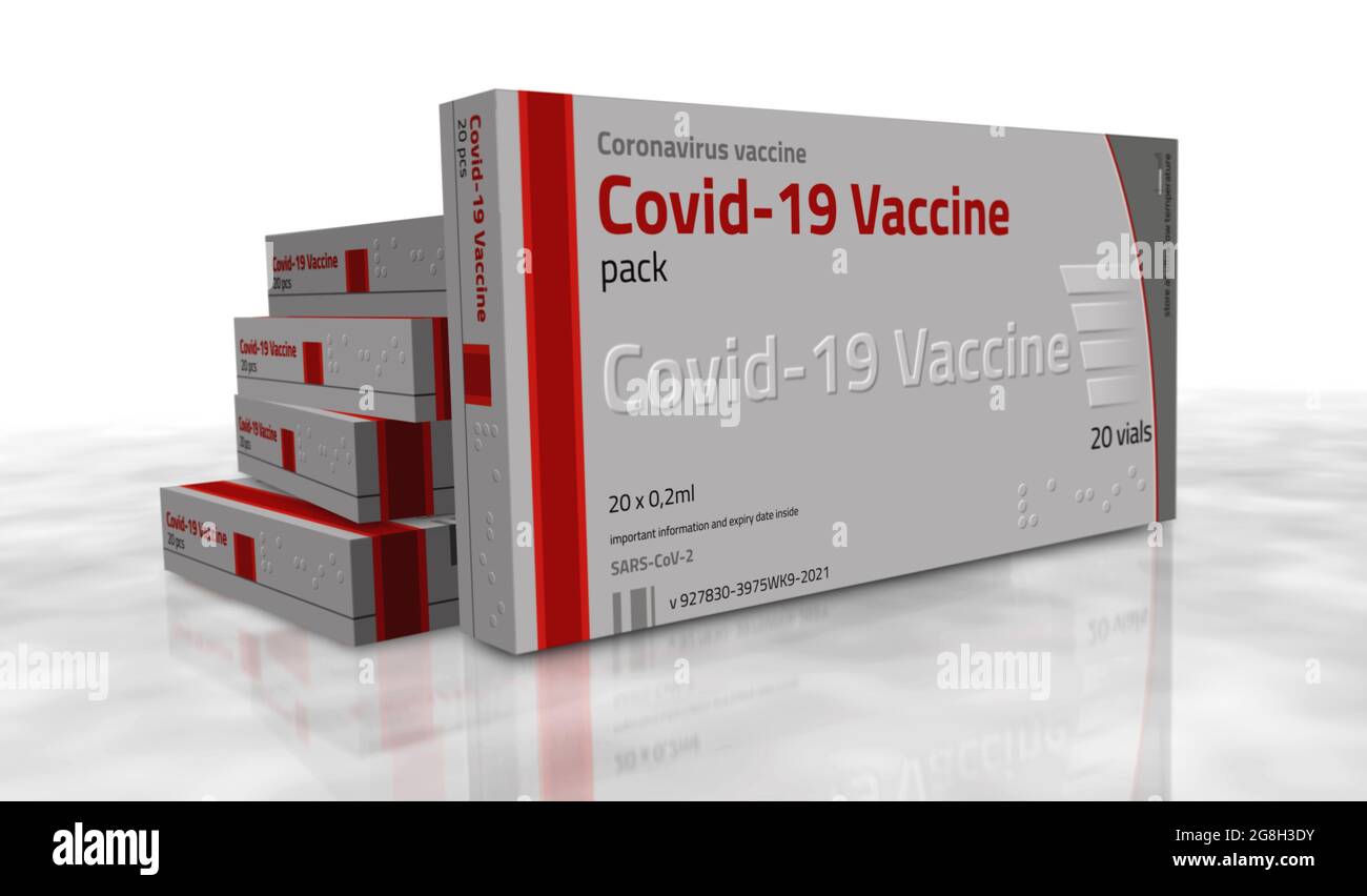 Producción de paquetes de vacunas Covid-19. Vacunación contra el coronavirus sars-cov-2. Una caja para jeringas con dosis. Ilustración de representación de concepto abstracto 3D. Foto de stock