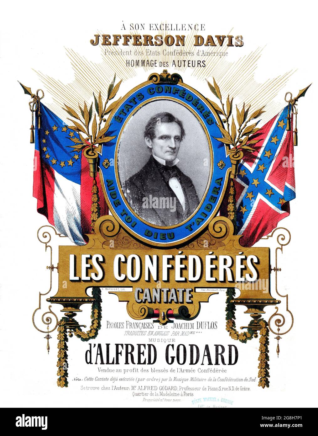 Les Confederes Cantate, ca. 1863 Partituras francesas. Litografía del presidente Jefferson Davis con estrellas y barras confederadas y banderas de batalla. Foto de stock