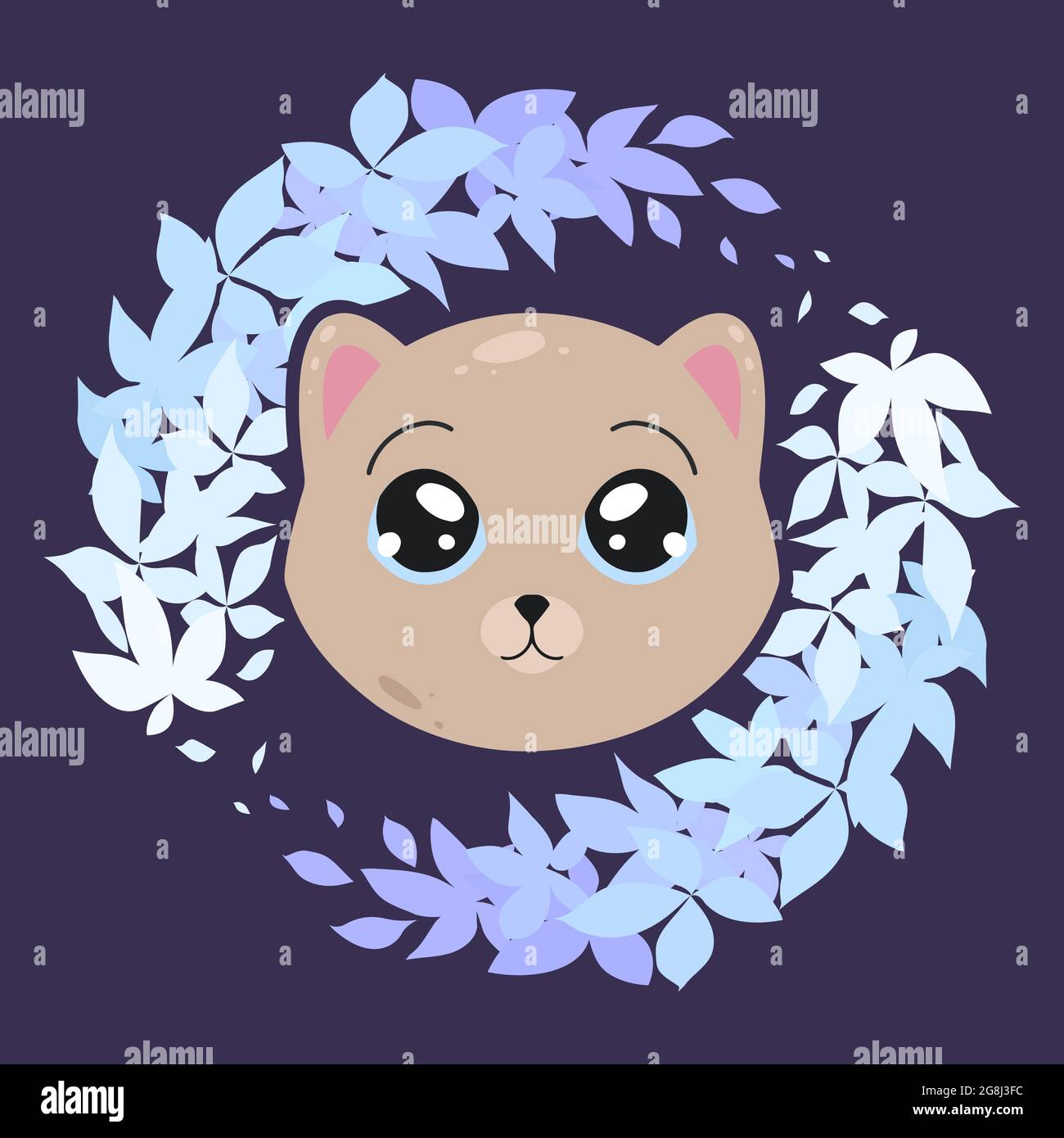 Ilustración infantil de un pequeño gatito encantador en corona vegetal sobre fondo azul oscuro. Lindo bebé animal. Dibujo plano de caricatura vectorial de gato para nurs Ilustración del Vector