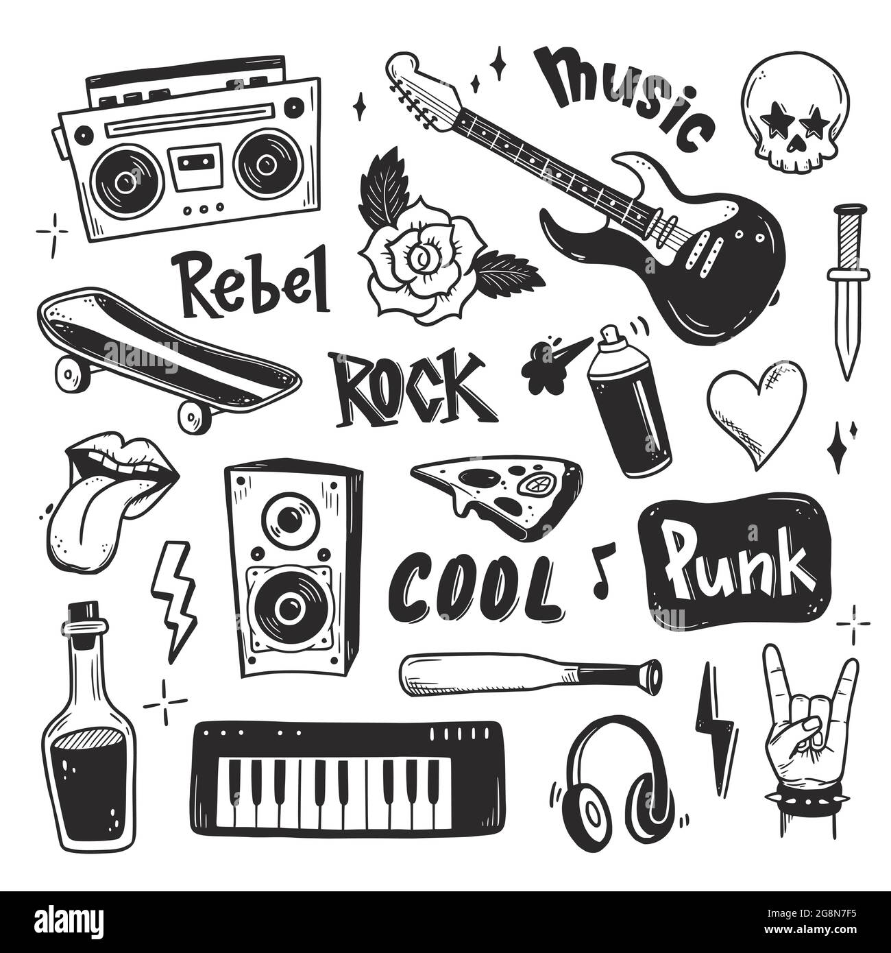 Rock n roll, juego de fideos de música punk. Graffiti, tatuaje mano  dibujada pegatina, texto, cráneo, corazón, skate, mano de gestos.  Ilustración del vector de roca Grunge Imagen Vector de stock -