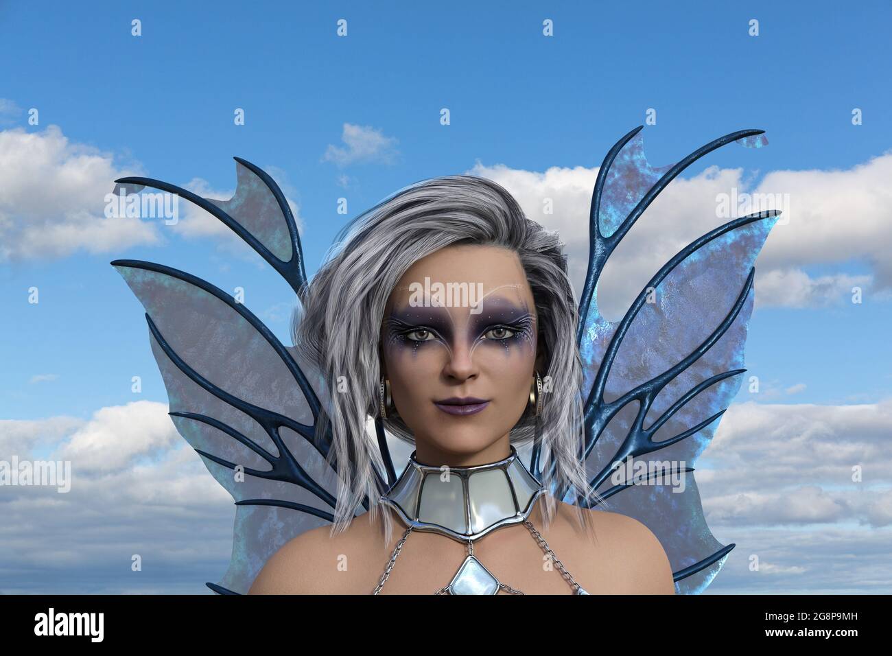 3d ilustración de un hermoso hada alada con alas azules de pelo blanco y gris con un maquillaje exótico y un estrangulador de cadena con cielo azul y nubes en el Foto de stock