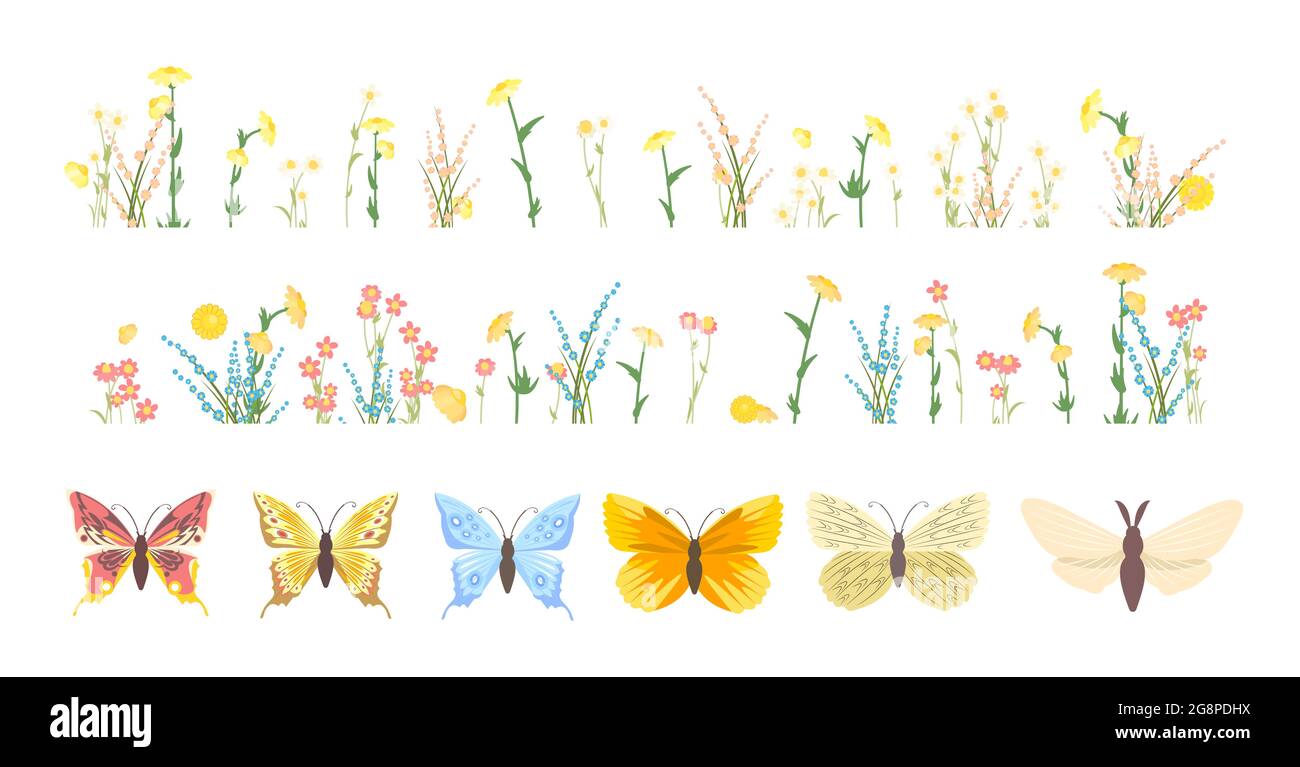 Establecer. Pradera con flores silvestres. Mariposas. Primer plano de hierba. Plantas rurales verdes silvestres. Estilo de dibujos animados. Diseño plano. Vistas al campo. Flores aisladas Ilustración del Vector