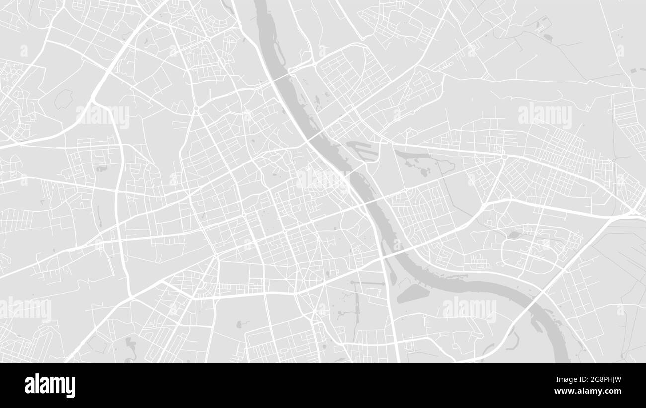 Blanco y gris claro Warsaw Mapa de fondo vectorial del área de la ciudad, calles e ilustración cartográfica del agua. Proporción de pantalla panorámica, diseño plano digital st Ilustración del Vector