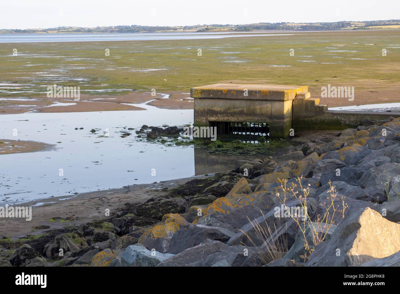 La estructura de hormigón al final de un tubo de desagüe de la tierra reclamada detrás de la barrera contra inundaciones en la carretera Portaferry en el condado de Newtownards Down N Foto de stock