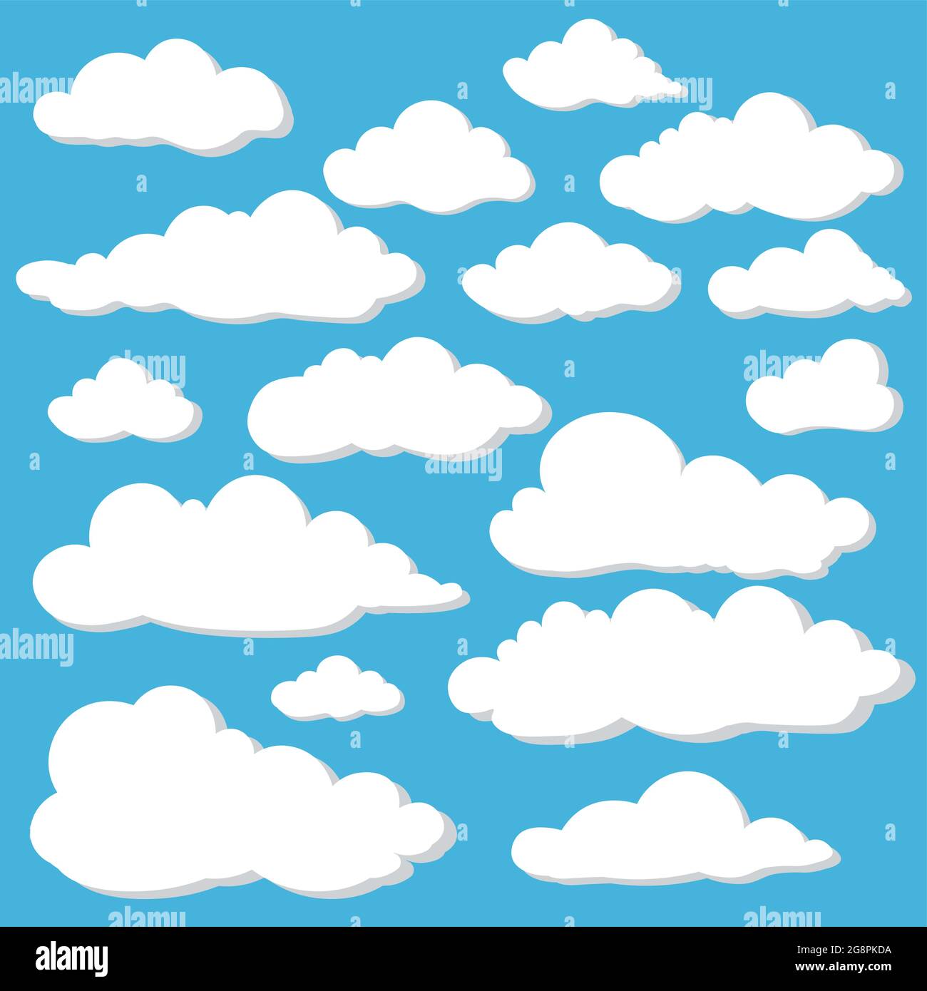 Conjunto de nubes de dibujos animados sobre fondo de cielo azul. Conjunto de divertida caricatura de nubes de humo y niebla, patrones de iconos, para llenar tu cielo escenas o juegos de IU backgrou Ilustración del Vector