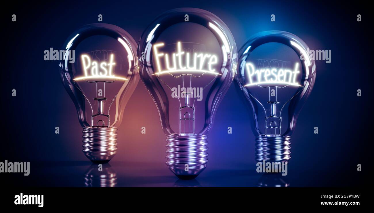 Concepto futuro, presente, pasado - bombillas brillantes - ilustración 3D  Fotografía de stock - Alamy