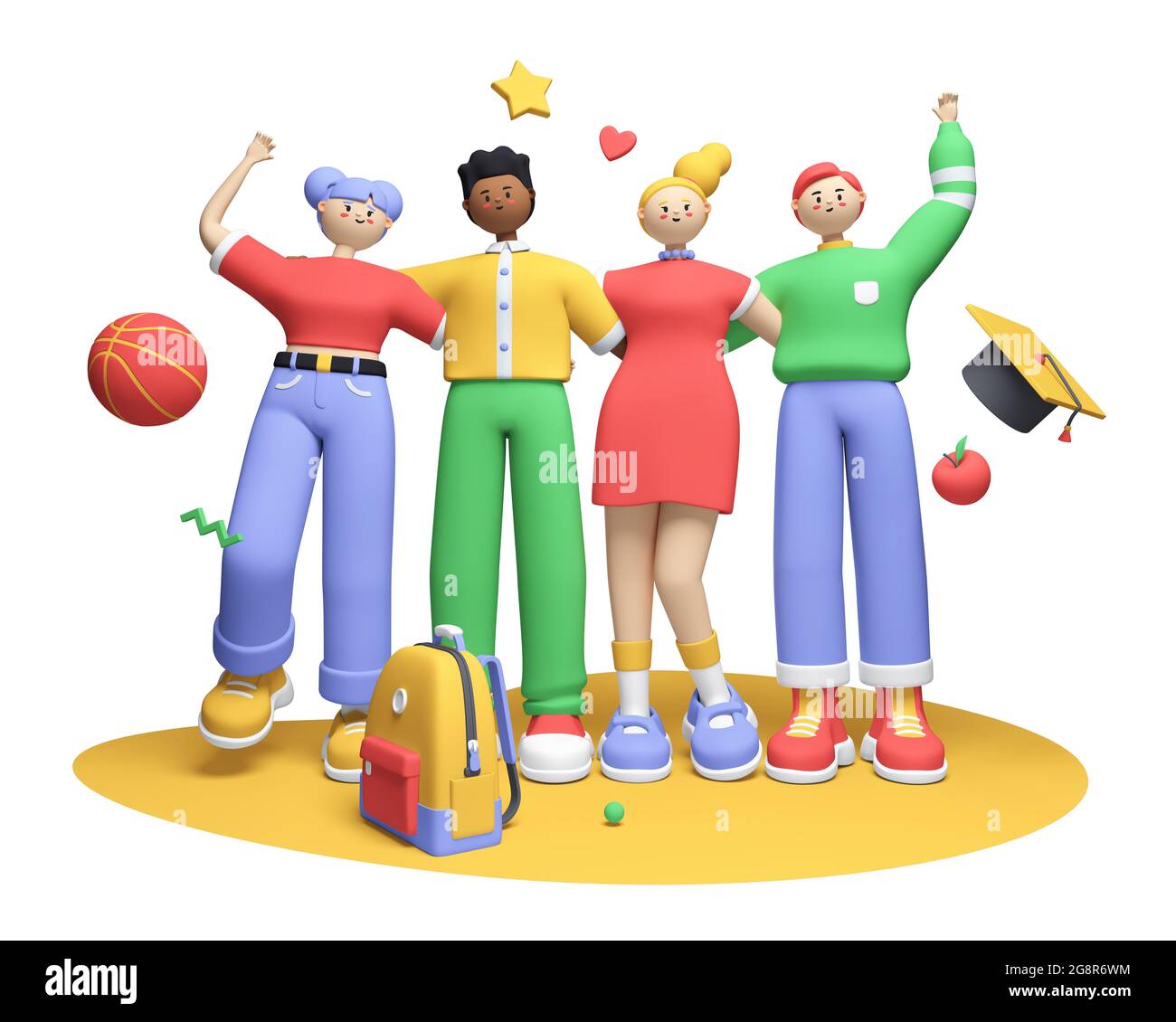 Estudiantes felices - colorida ilustración de estilo 3D con personajes de dibujos animados. Niños y niñas alegres, un equipo de amigos está listo para aprender y posar para un Fotografía de stock - Estudiantes felices - colorida ilustración de estilo 3D con personajes de dibujos animados. Niños y niñas alegres, un equipo de amigos está listo para aprender y posar para un Fotografía de stock -