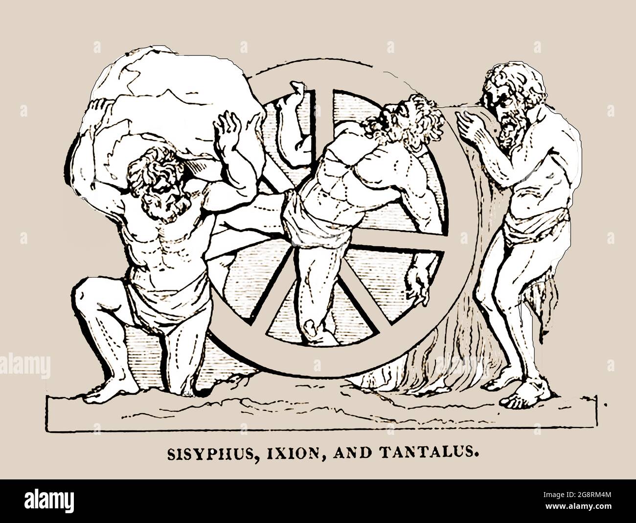 Una representación en 1839 de las figuras mitológicas Sisyphus .Ixion y Tantalus. Sisifhus o Sisifhos era el fundador y rey de Efira (ahora conocido como Corinto) y fue sentenciado a rodar una roca por una colina por la eternidad mientras Ixión era rey de los Lapitos, la tribu más antigua de Tesalónica y estaba atado a una rueda solar ardiente por la eternidad. Tantalus también conocido como Atyus y a veces conocido como Rey de Phrygia. Es recordado por el proverbio de 'castigos tantaleos' (siendo tentado por algo que uno no puede tener). Foto de stock