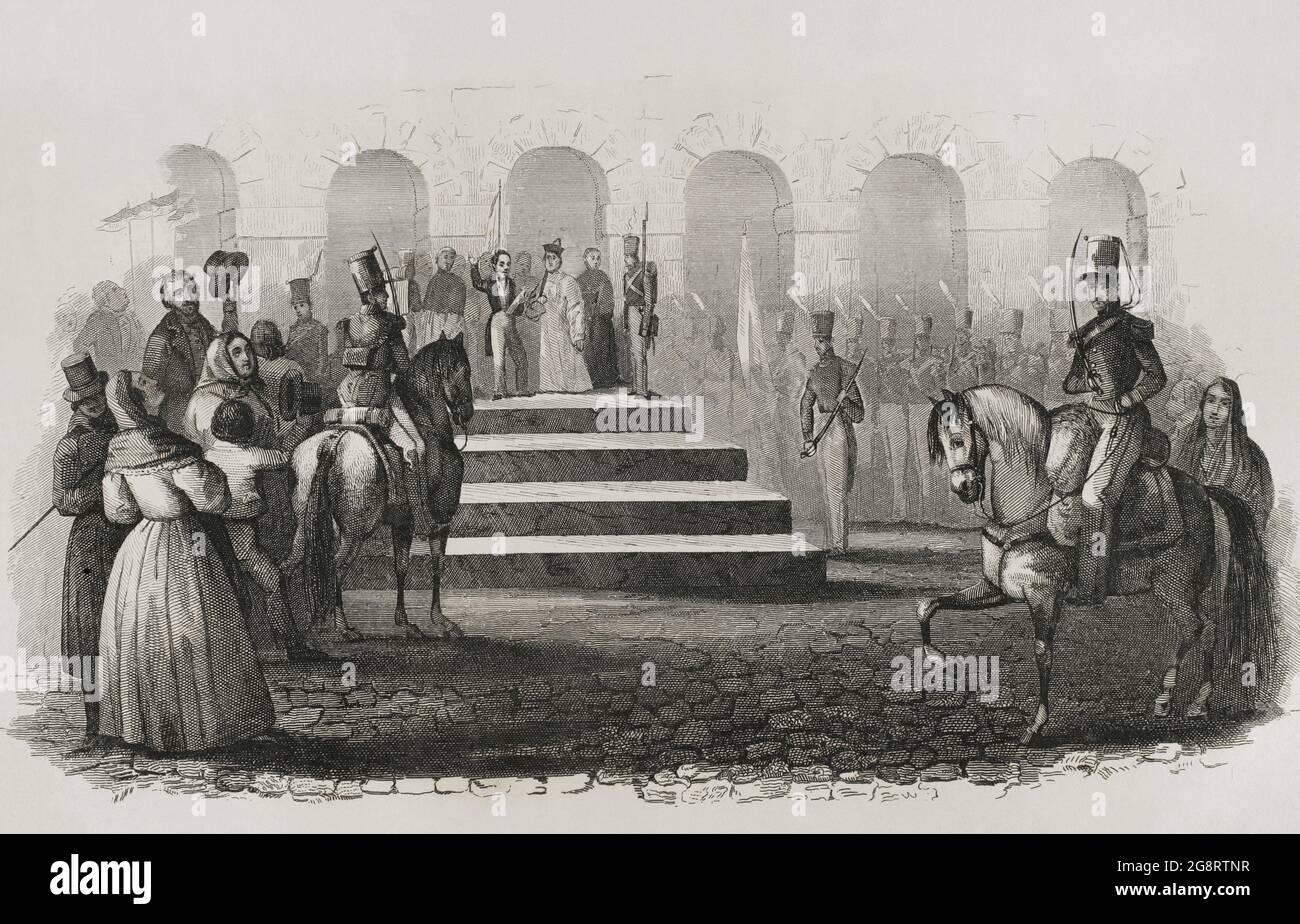 Isabella II (1830-1904). Reina de España (1833-1868). Isabel II se convirtió en reina de España el 29 de septiembre de 1833, a la muerte de su padre, el rey Fernando VII Su madre, María Cristina de Borbón-Dos Sicilias, asumió la regencia hasta 1840. Proclamación de la reina Isabel II Grabado. Panorama Español, Crónica Contemporánea. Madrid, 1842. Foto de stock