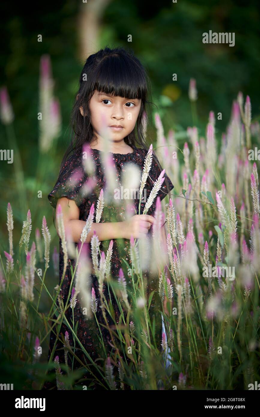 niña asiática jugando con flores silvestres en el jardín público Foto de stock