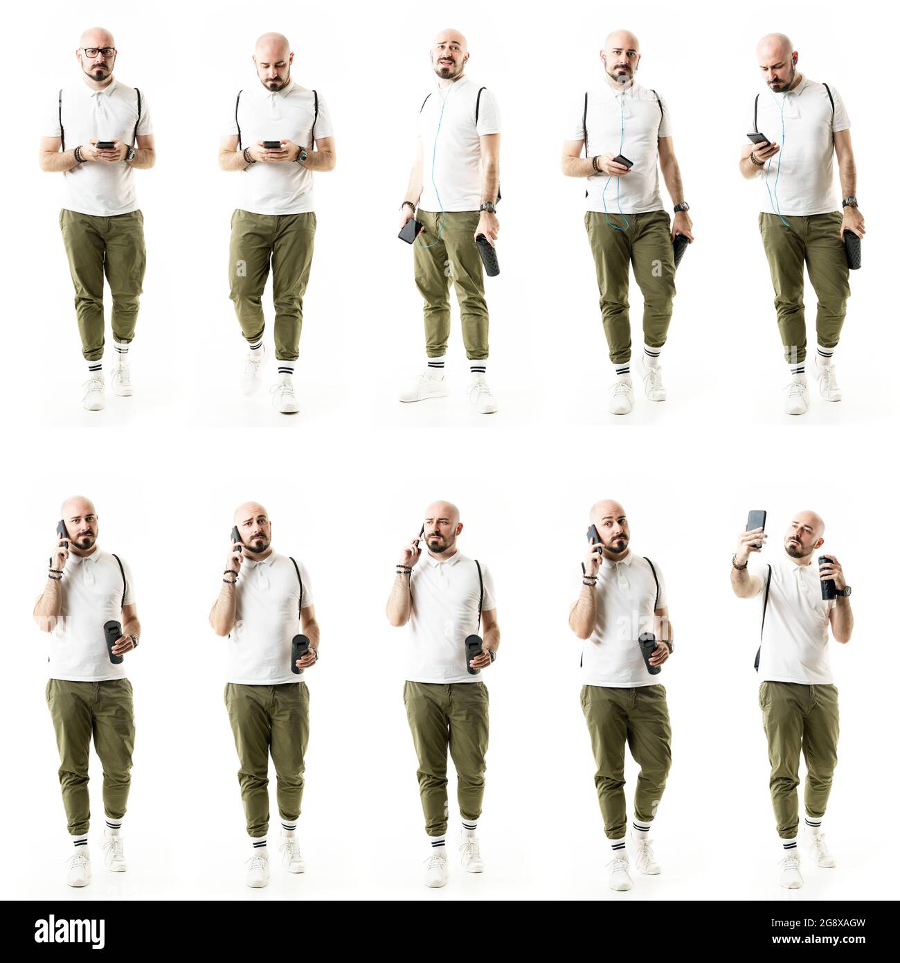 Collage de varias personas afeitaron con estilo geek hombres caminando y  utilizando smartphone con botella de agua. Personas de cuerpo entero  aisladas sobre fondo blanco Fotografía de stock - Alamy