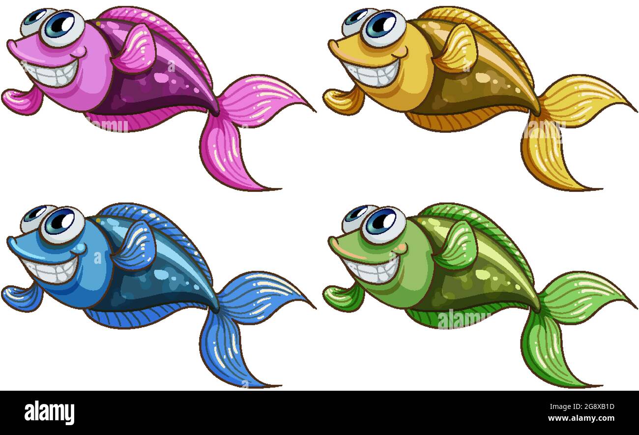 Conjunto de muchos peces divertidos dibujos animados carácter aislado en  blanco ilustración de fondo Imagen Vector de stock - Alamy