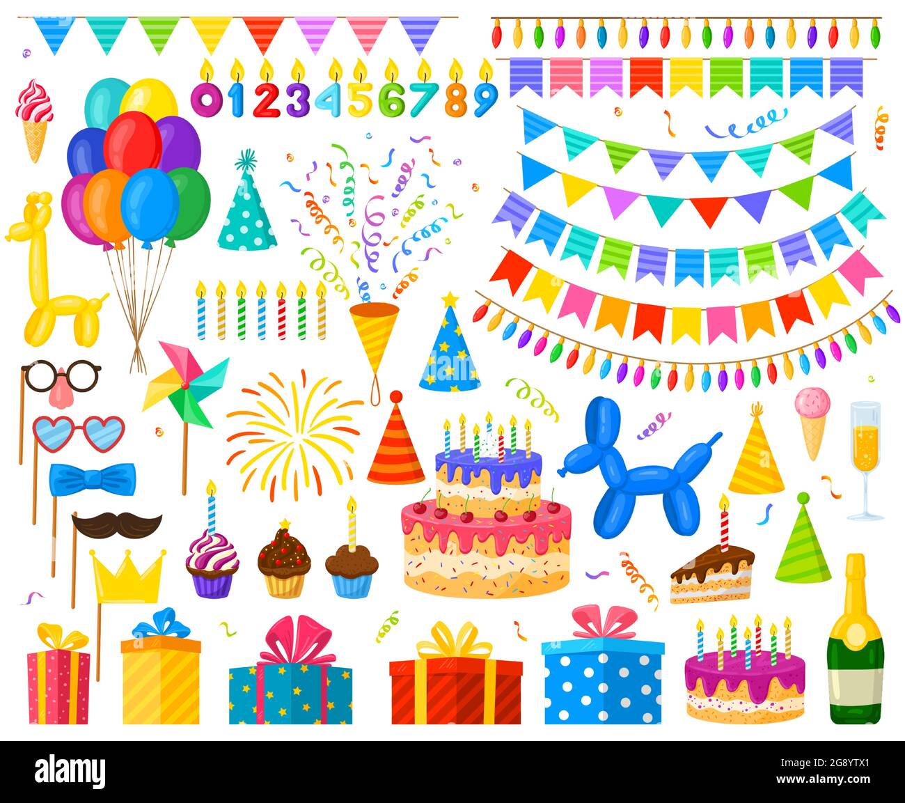 Dibujos animados fiesta de cumpleaños celebración globos, pastel y regalos.  Juego de ilustración de vector de candy, candy y velas, decoraciones de  fiesta de carnaval. Cumpleaños Imagen Vector de stock - Alamy