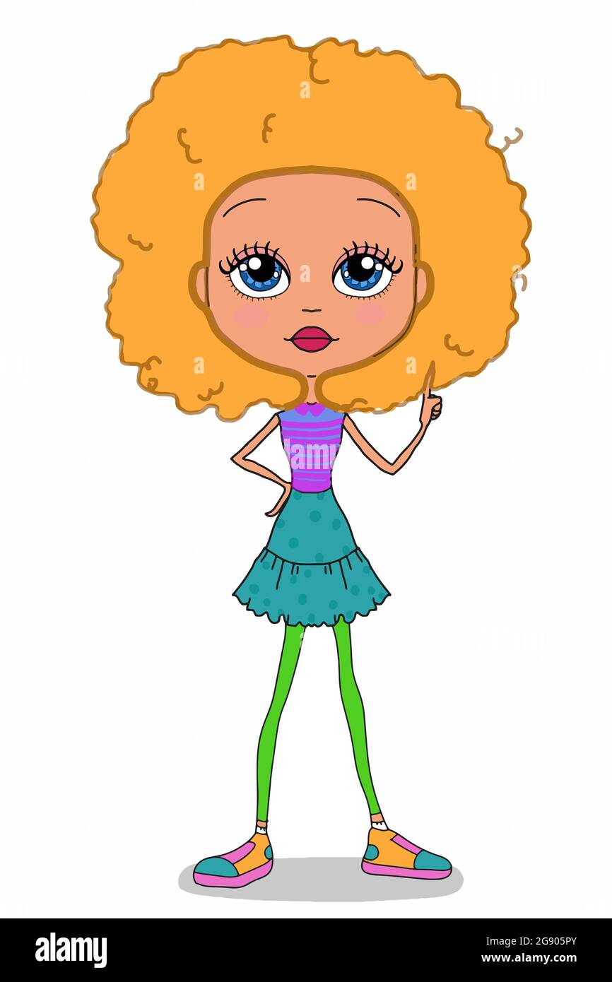 Cool linda chica y rubia pelo rizado personajes, de pie, dibujo de  ilustración de dibujos animados Fotografía de stock - Alamy