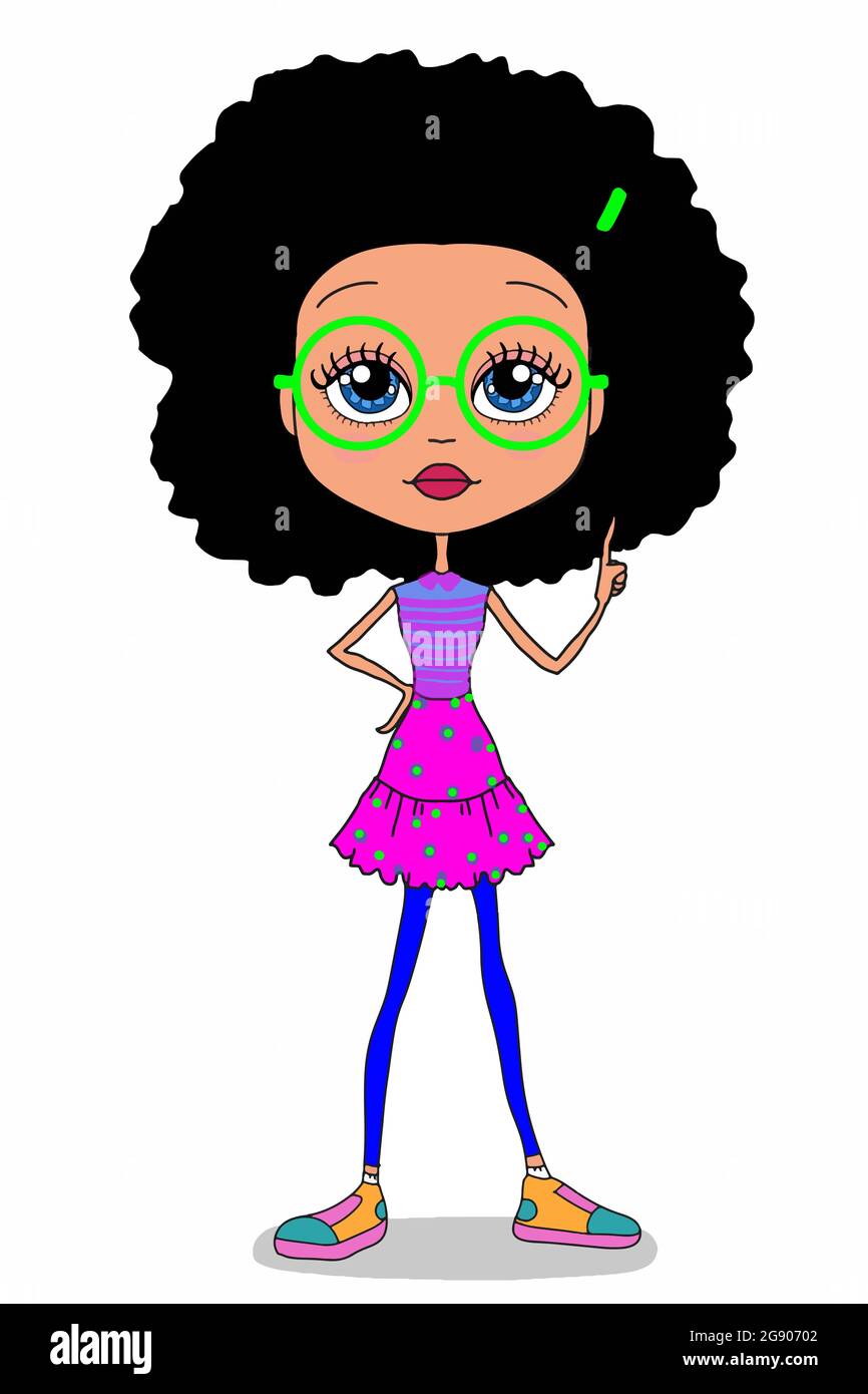 Chica linda fresca y pelo negro rizado, con gafas de pie, dibujo de  ilustración de dibujos animados Fotografía de stock - Alamy