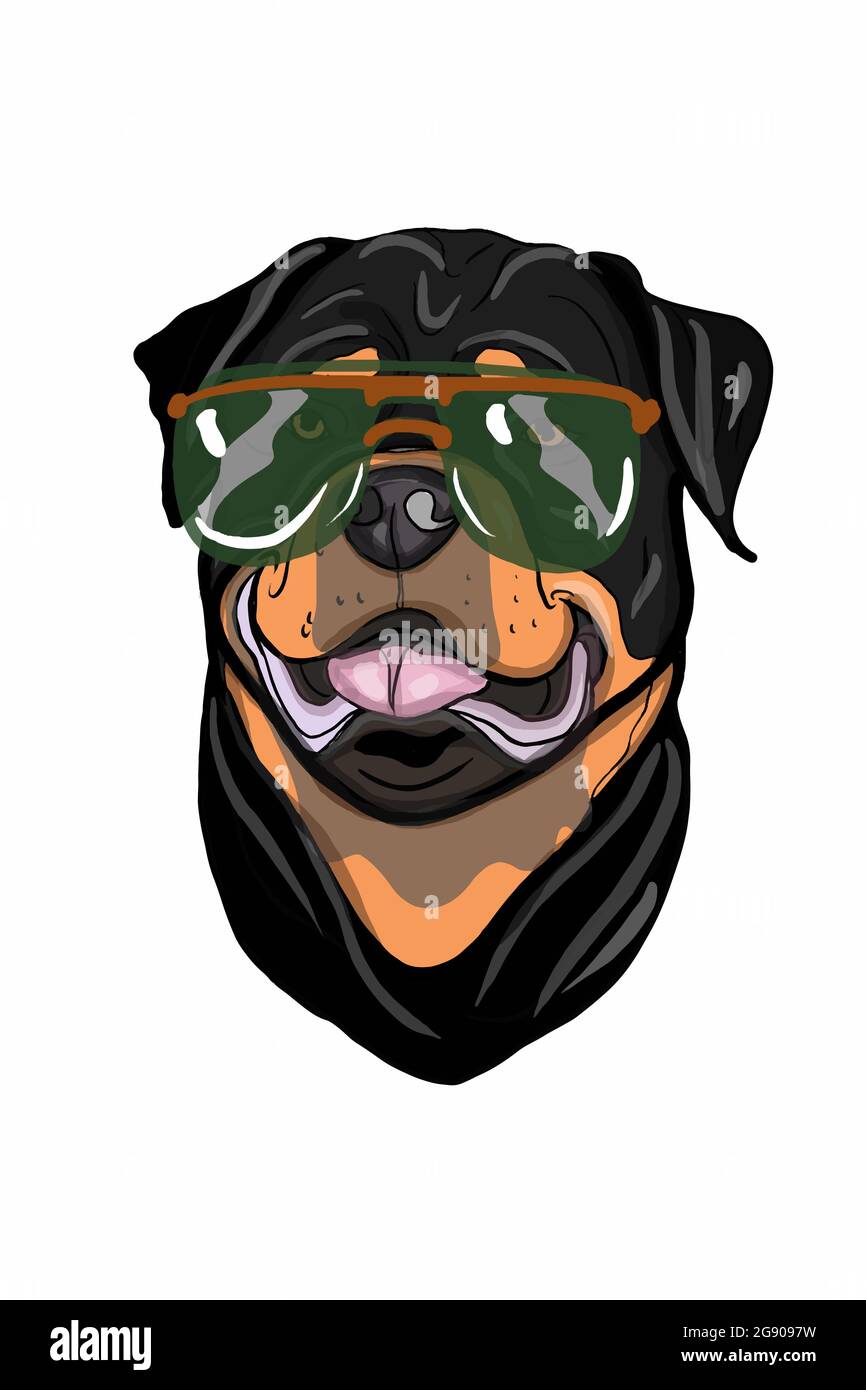 Lindo dibujo animado, retrato, cabeza de perro de caza de carretera, luciendo gafas de sol dibujo ilustración. Foto de stock