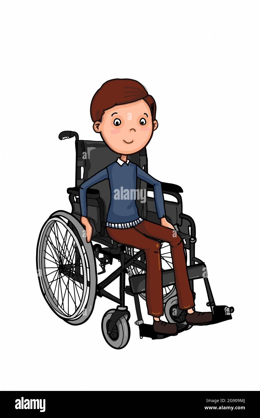Dibujo de ilustración de silla de ruedas y sobre el sentarse lindo  personajes de dibujos animados niño y fondo blanco Fotografía de stock -  Alamy