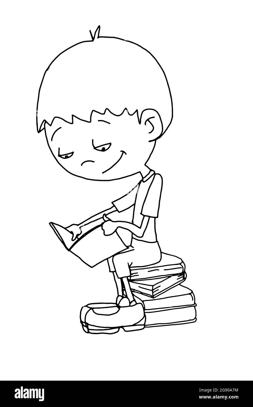 Lindos personajes de dibujos animados chica sentada en los libros y leyendo .Una sola línea. Foto de stock