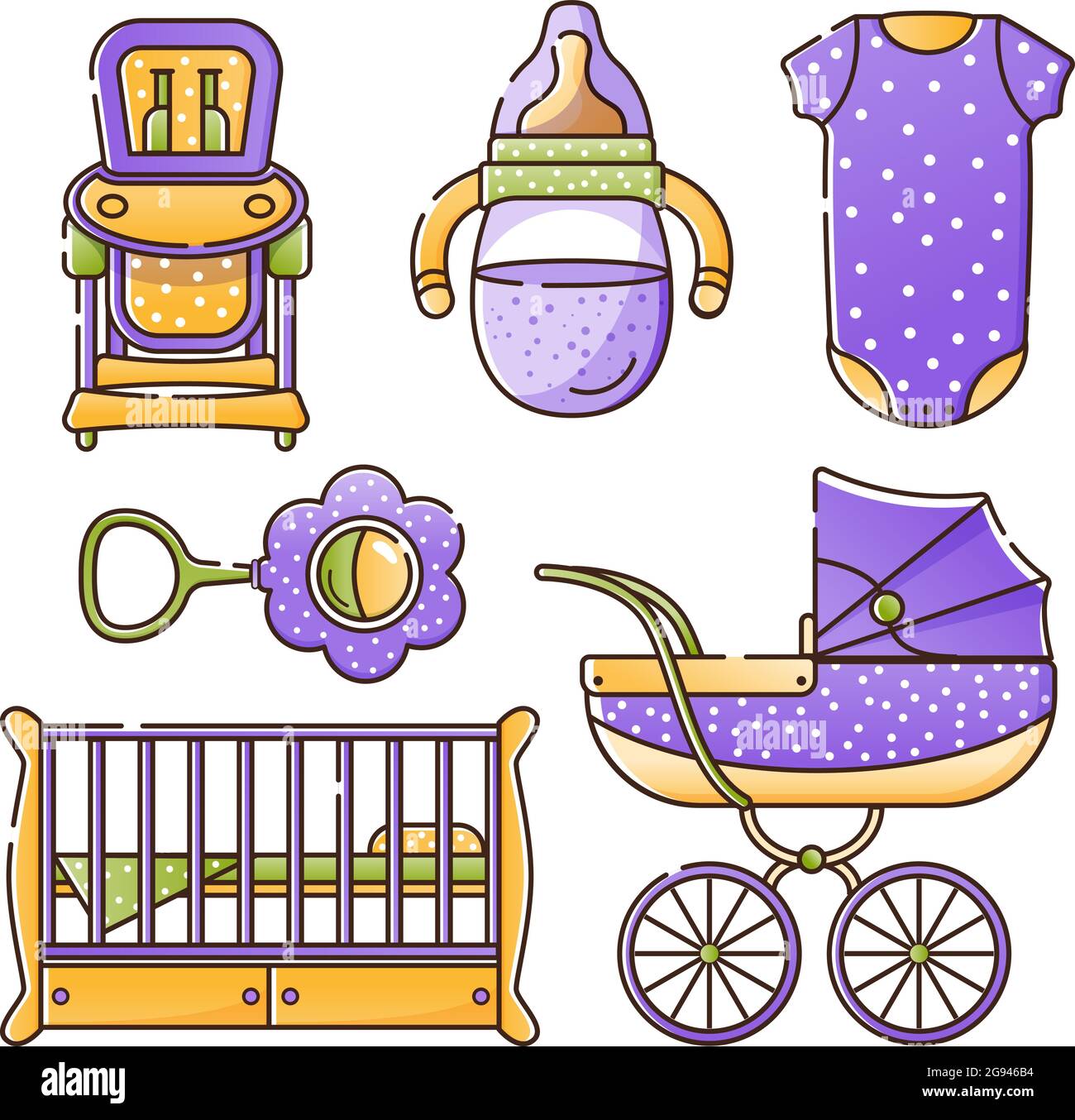 Cosas de recién nacidos. lindo conjunto de cosas para la infancia. iconos  aislados de artículos para bebés para recién nacidos. ropa, juguetes,  complementos para la higiene, alimentación infantil.