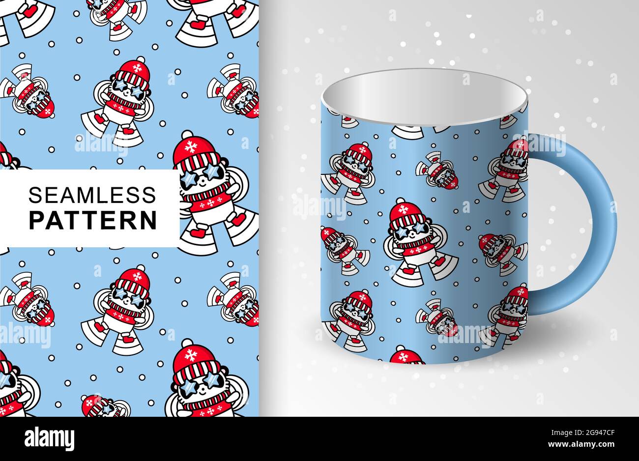 Diseño sin costuras de Panda kawaii santa. Taza de café. Lindo vector feliz  oso en sombrero de Navidad hace un ángel en la nieve. Imprimir para papel  tapiz, envoltura Imagen Vector de