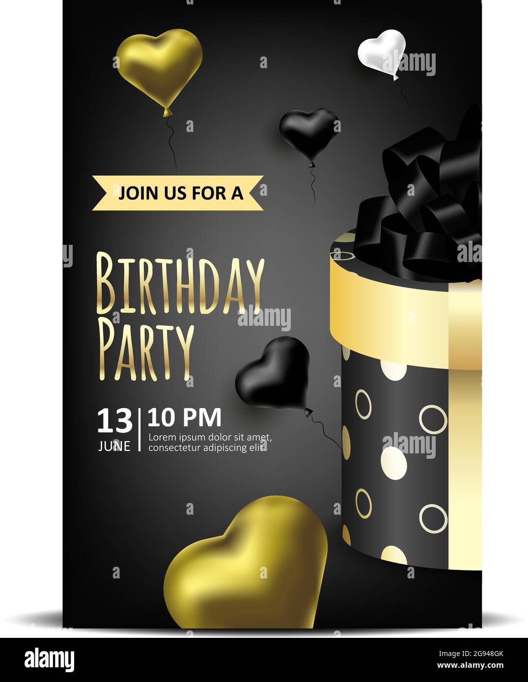 Invitación de cumpleaños con cajas de embalaje y globos dorados. Fondo de  ilustración vectorial Imagen Vector de stock - Alamy