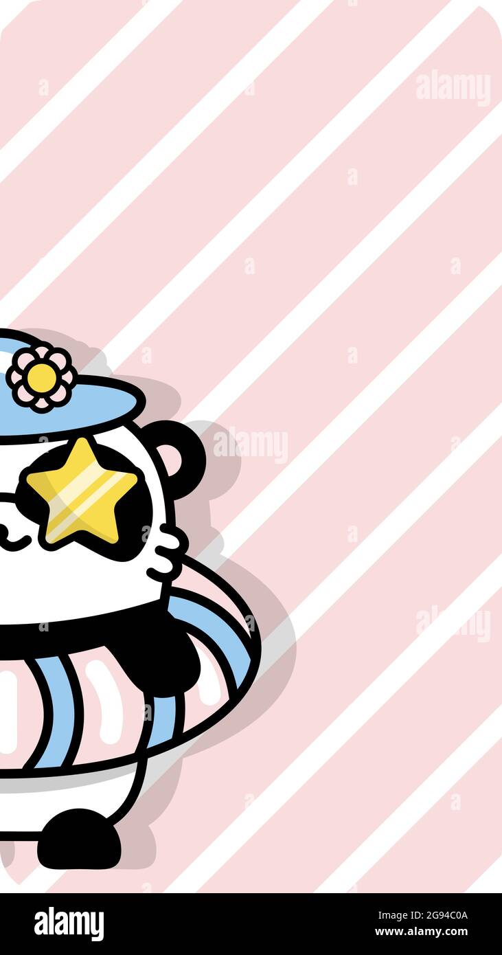 Fondos de pantalla para teléfonos, historias para Instrumagrams. Un panda pequeño y lindo en vacaciones de verano en el círculo inflable y las gafas. Fondo de rayas. Oso kawaii Imagen Vector de Fondos de pantalla para teléfonos, historias para Instrumagrams. Un panda pequeño y lindo en vacaciones de verano en el círculo inflable y las gafas. Fondo de rayas. Oso kawaii Imagen Vector de