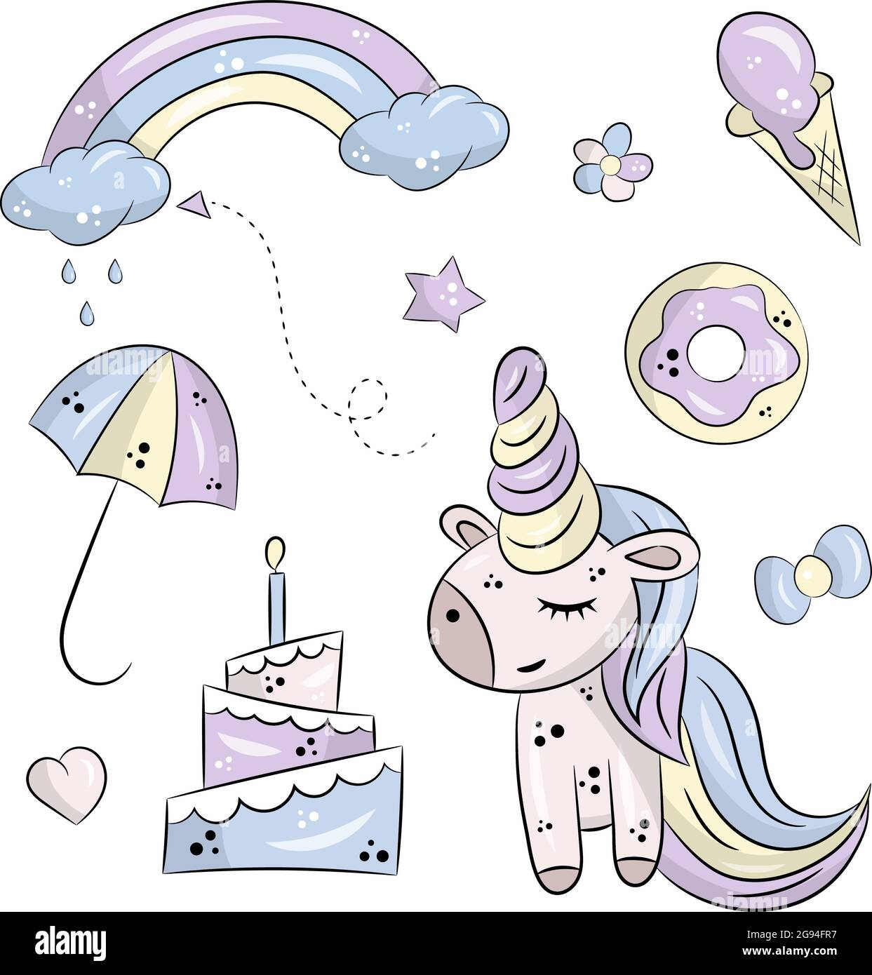 Conjunto de pegatinas de unicornio color aislado sobre fondo blanco —  Ilustración de stock