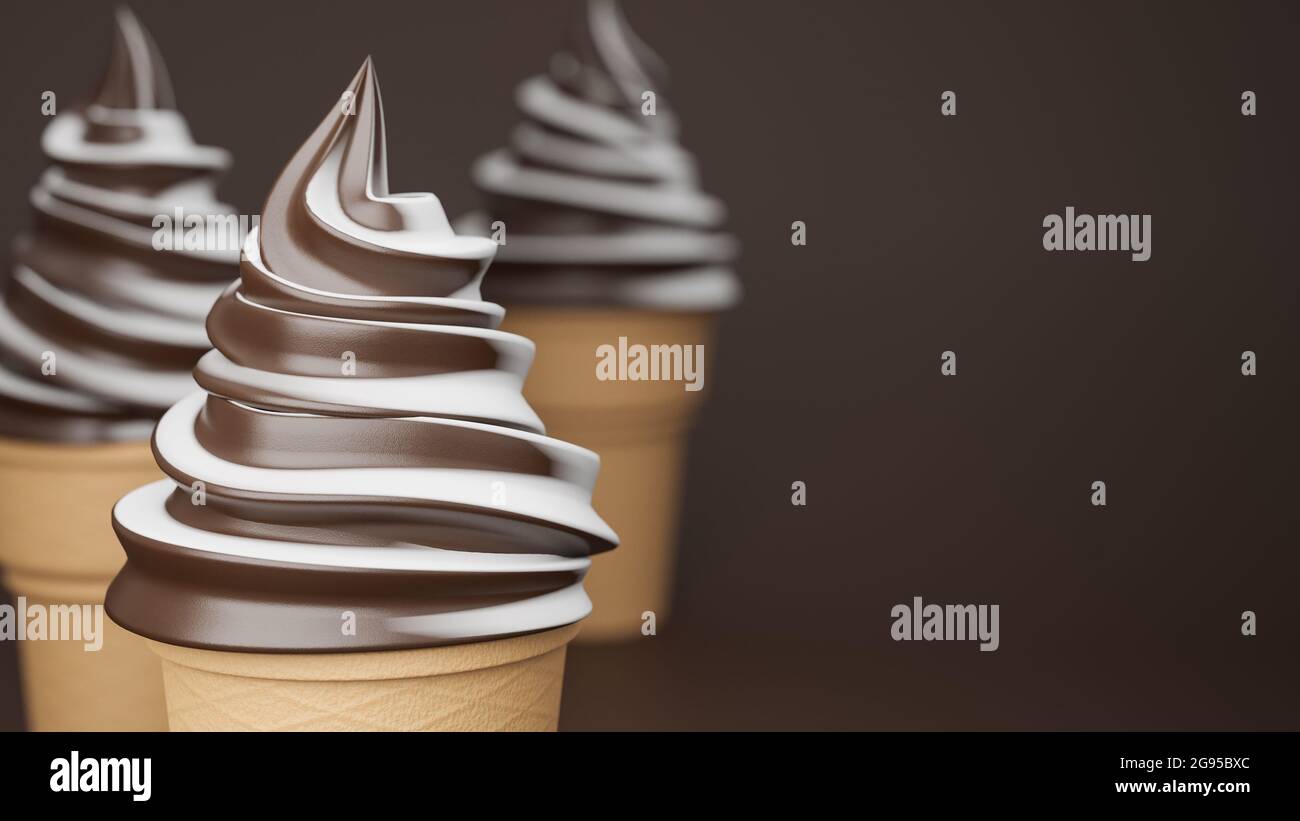 Suave Sirva helado de sabores de chocolate y leche sobre cono crujiente sobre fondo marrón.,Modelo 3D e ilustración. Foto de stock