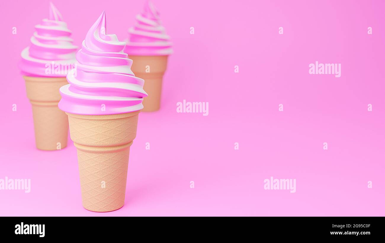 Suave Sirva helado de sabores de fresa y leche sobre cono crujiente sobre fondo rosa.,3D modelo e ilustración. Foto de stock