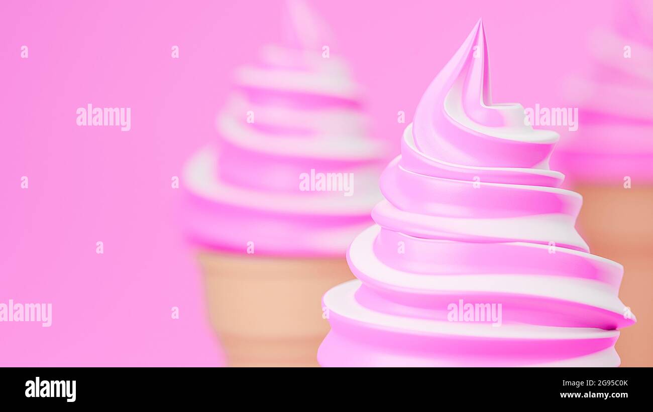 Suave Sirva helado de sabores de fresa y leche sobre cono crujiente sobre fondo rosa.,3D modelo e ilustración. Foto de stock