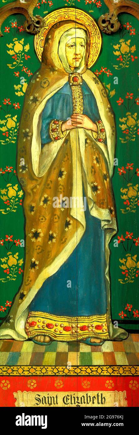 Santa Isabel, madre de Juan el Bautista, madera pintada, panel sobre retablos, por Ellen Woodward, Langham, Norfolk, Inglaterra, Reino Unido Foto de stock