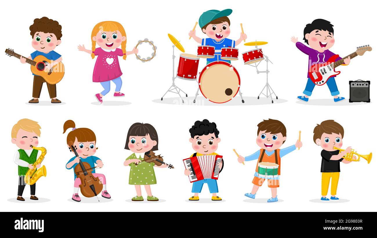 Niños tocando instrumentos musicales. Banda de música infantil, niñas y  niños tocan el tambor, la guitarra y el conjunto de ilustración de vectores  de violín. Orquesta musical infantil Imagen Vector de stock -