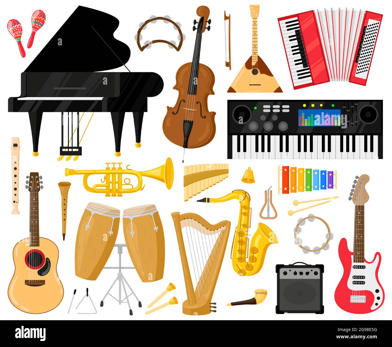 Instrumentos musicales. Conjunto de instrumentos de banda de música de  dibujos animados, piano, batería, arpa y sintetizador de vectores. Orquesta  o instrumento de música clásica Imagen Vector de stock - Alamy