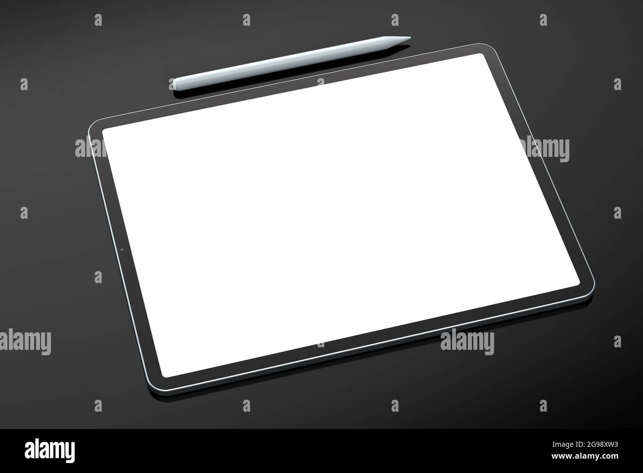 Tableta de ordenador con lápiz aislado sobre fondo negro. 3D Concepto de representación de equipos de diseño creativo y espacio de trabajo compacto Foto de stock