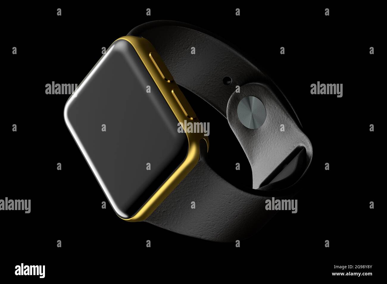 Reloj inteligente dorado inoxidable con correa de cuero negro aislada sobre fondo negro. 3D Concepto de renderizado de dispositivo portátil de salud y fitness tracker Foto de stock