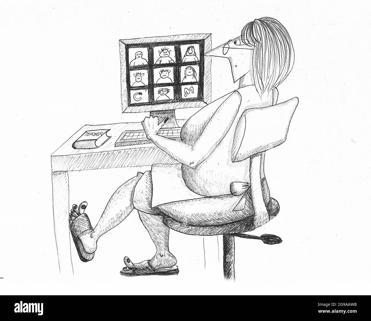 Mujer en una videoconferencia. Ilustración. Foto de stock