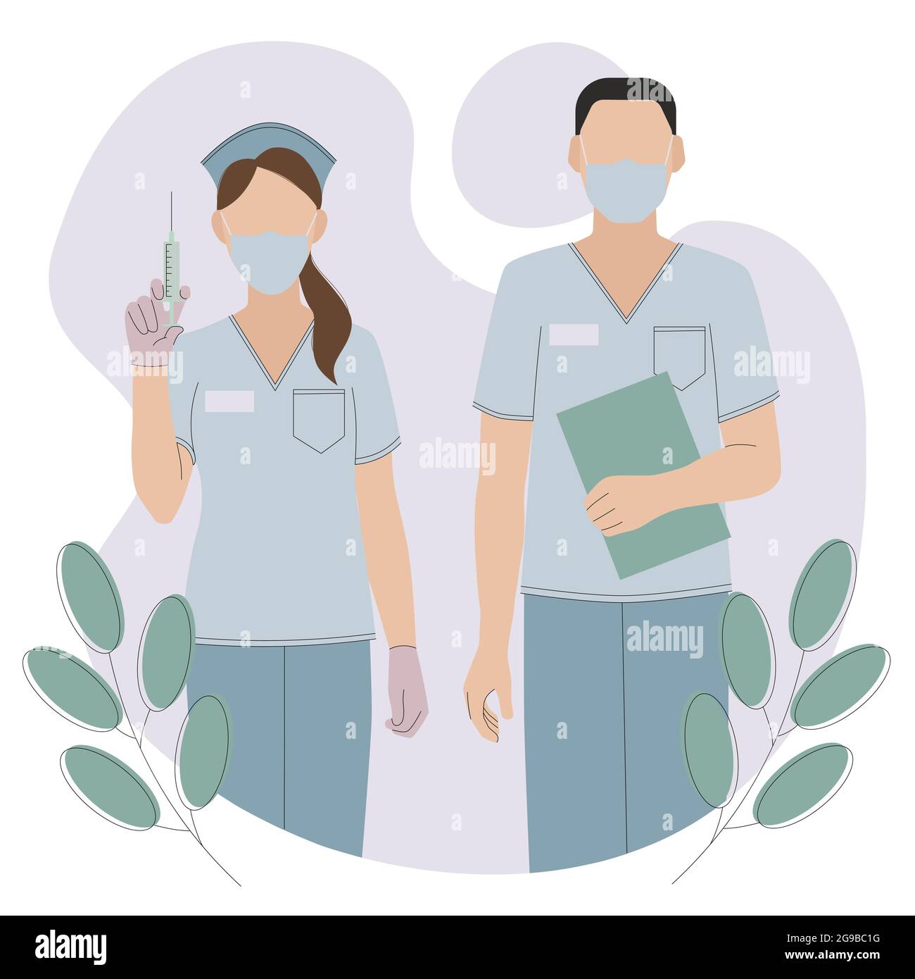 Día internacional de las enfermeras. Ilustración de vector plano para el  día de los médicos o el día de enfermería. Personal médico de dibujos  animados: Enfermera con máscara y jeringa, enfermera masculina