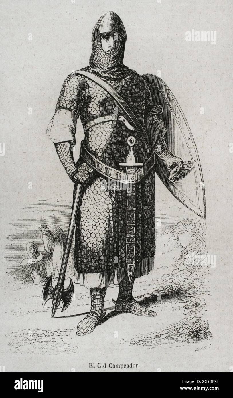 Rodrigo Díaz de Vivar, conocido como El Cid Campeador (c. 1043-1099). Noble castellano, caballero por el infante Sancho. Participó en las batallas de Llantada y Golpejera contra Alfonso VI, y en el Sitio de Zamora. Grabado por Capuz. Historia General de España por el Padre Mariana. Madrid, 1852. Autor: Tomás Carlos Capuz (1834-1899). Grabador y xilógrafo español. Foto de stock