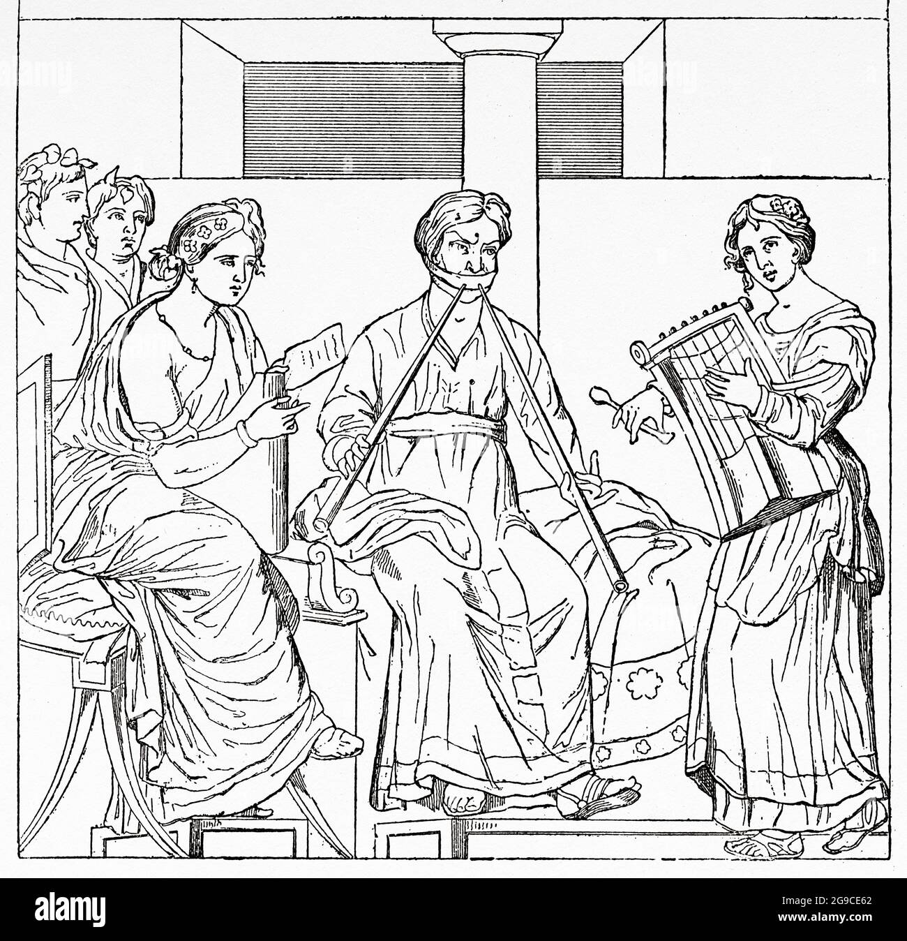 Músico tocando la flauta doble, Pompeya. Italia, Europa. Antiguo siglo 19th grabado ilustración de El Mundo Ilustrado 1879 Foto de stock