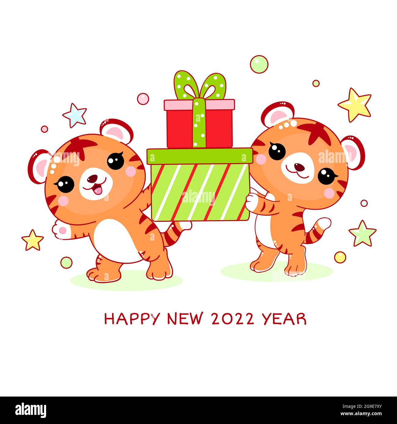 Feliz Año Nuevo 2022. Tarjeta de felicitación con tigres con regalos de  estilo kawaii. Aislado sobre fondo blanco. Ilustración vectorial para el  diseño de Imagen Vector de stock - Alamy