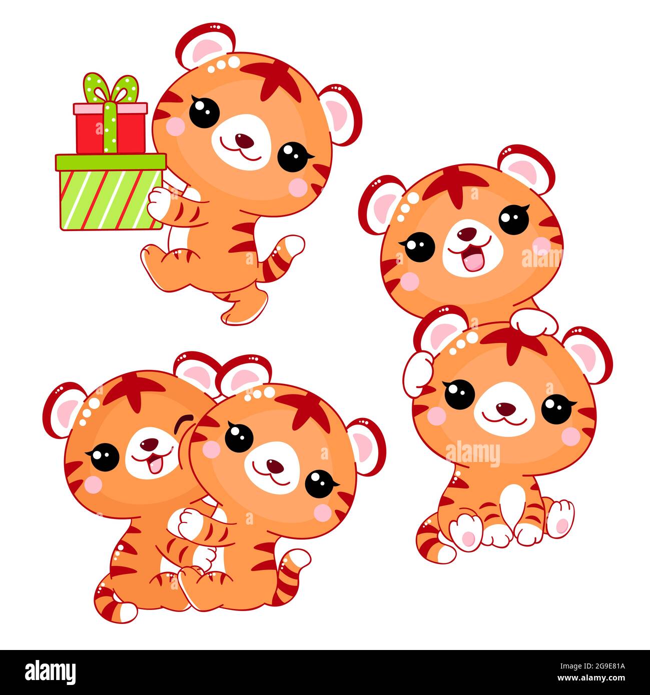 Conjunto de tigres kawaii. Colección de dibujos animados cute tigres  cachorros con cajas de regalo, sentado, jugando. Ilustración vectorial EPS8  Imagen Vector de stock - Alamy