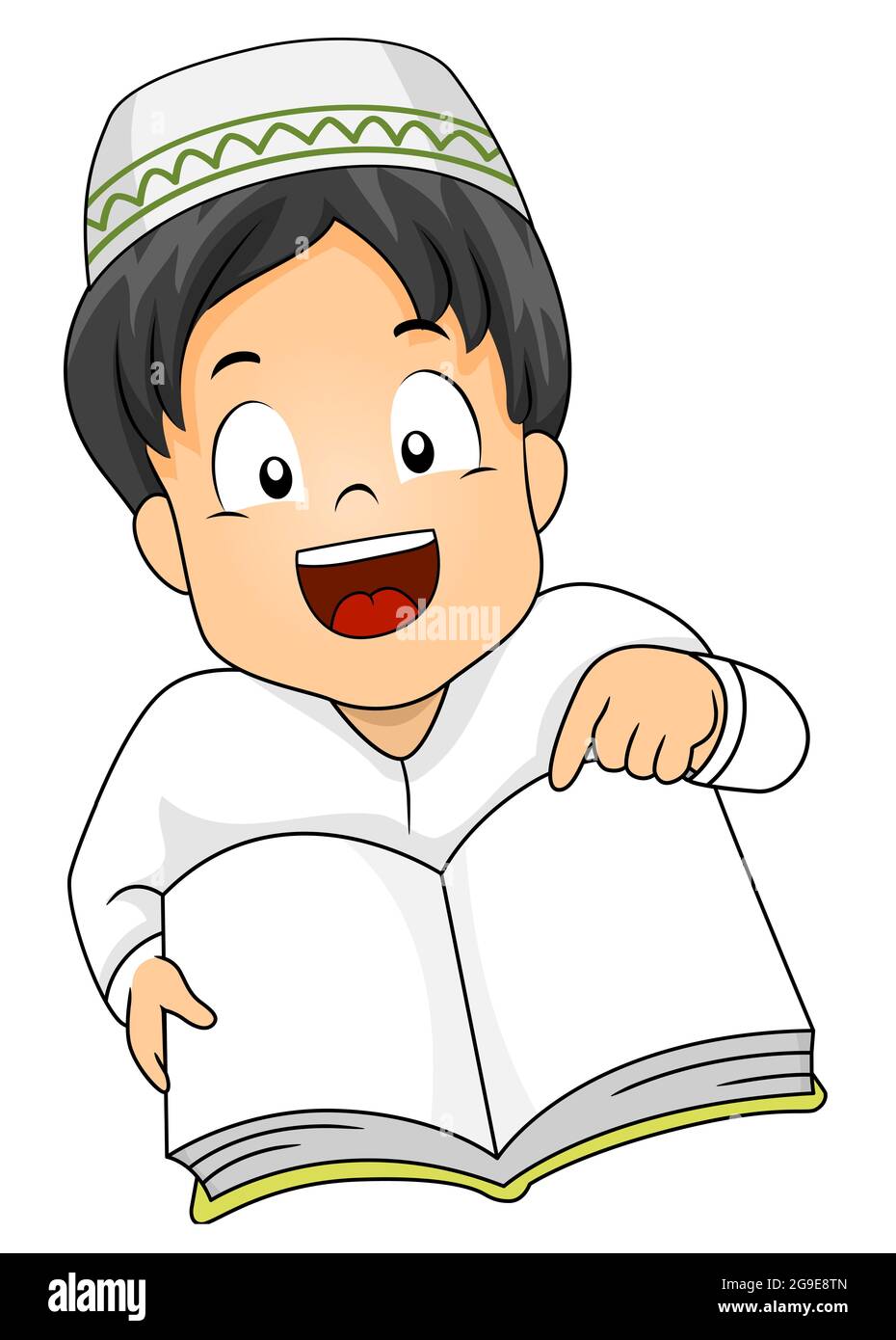 Ilustración de un niño musulmán apuntando a un libro abierto en blanco Foto de stock
