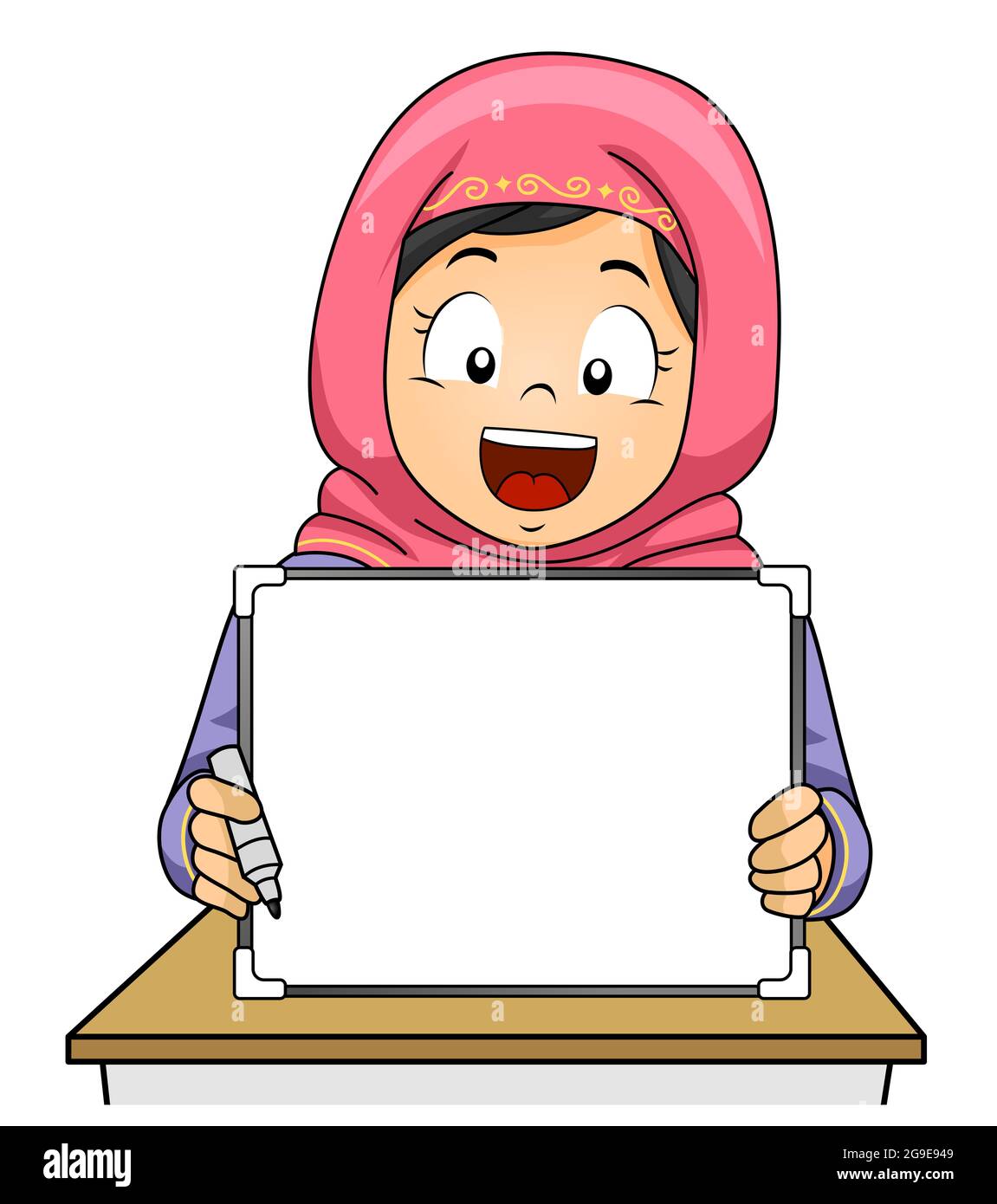 Ilustración de una niña musulmana sosteniendo un tablero blanco y sosteniendo un marcador en clase Foto de stock