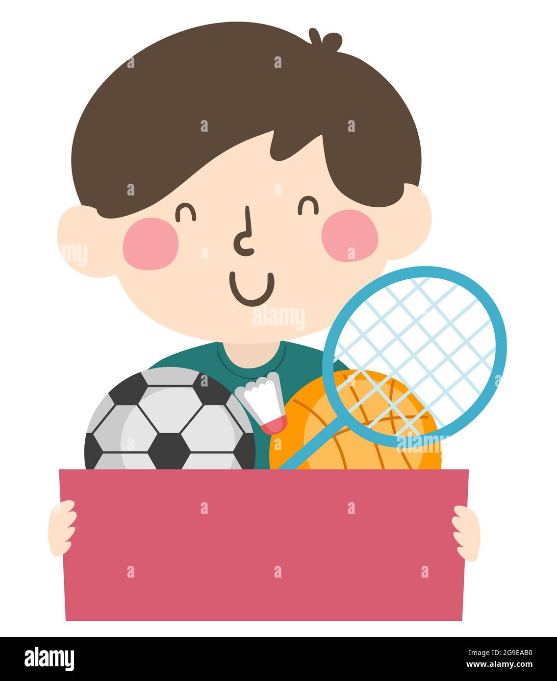 Ilustración de un coleccionista de equipo deportivo de niño que lleva una caja llena de bolas de fútbol y baloncesto, tapeta Badminton y shuttlecock Foto de stock