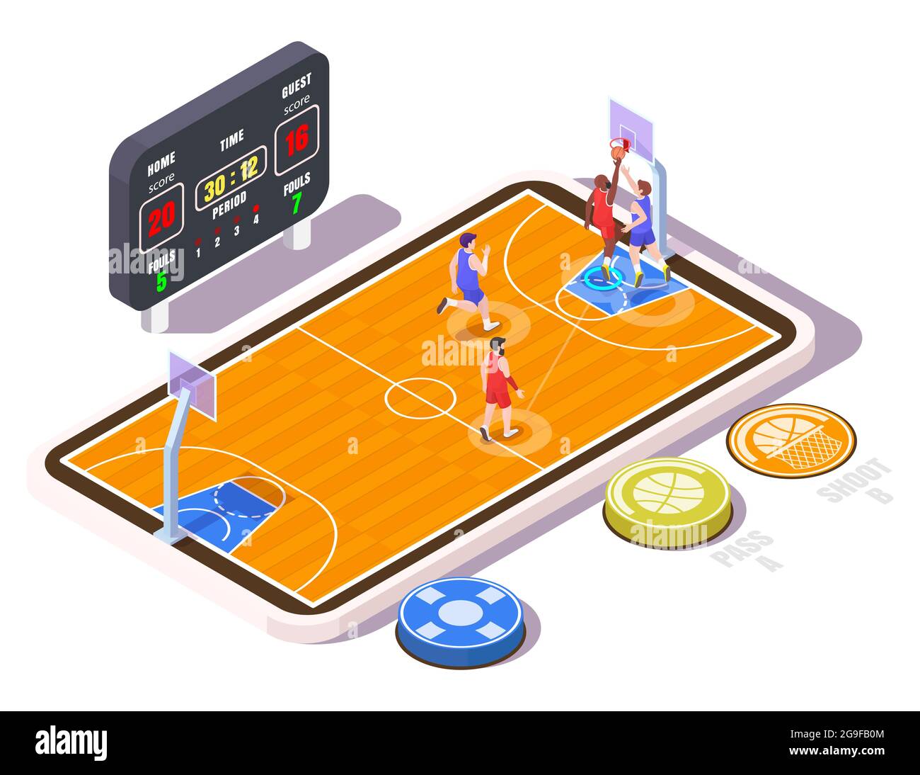 Cancha de baloncesto isométrica con jugadores en la pantalla del  smartphone, ilustración de vector plano. Juego móvil de baloncesto Imagen  Vector de stock - Alamy