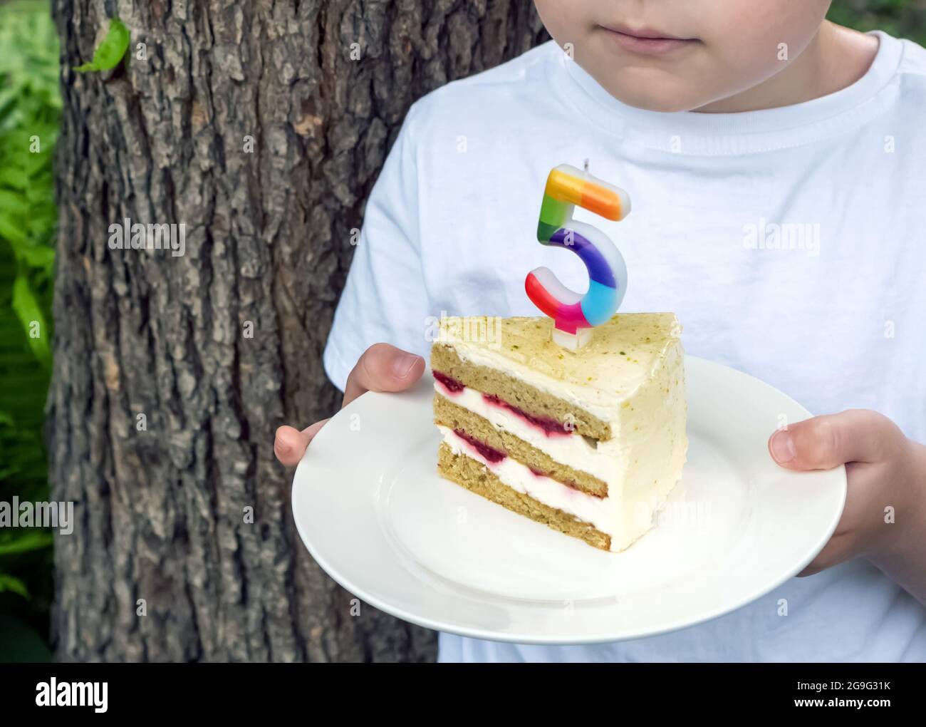Un niño en una camiseta blanca sostiene un pedazo de pastel con una vela en un plato contra el fondo del jardín. Celebración del quinto cumpleaños. Foto de stock
