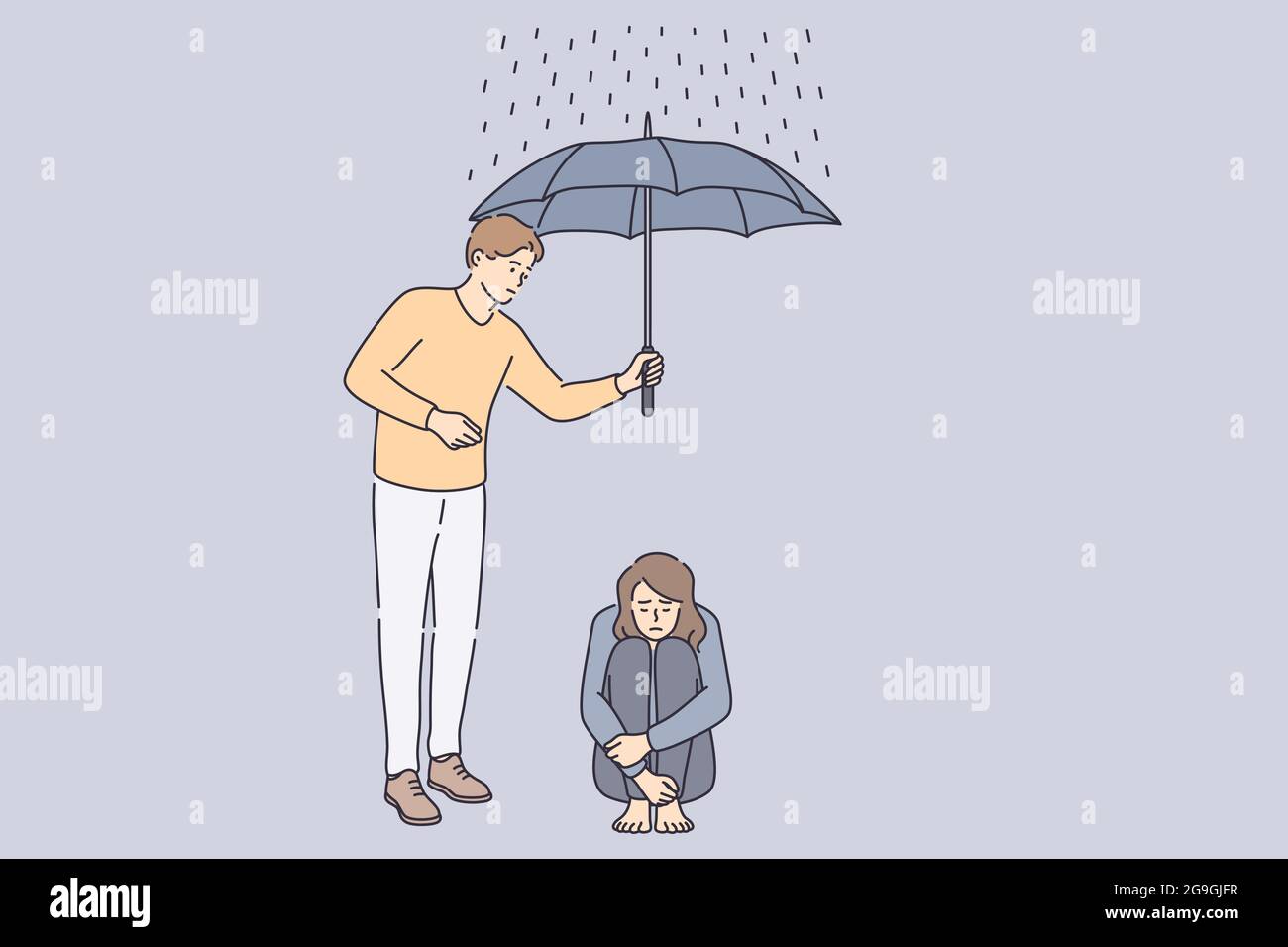 Mano de ayuda y concepto de apoyo. Joven personaje de dibujos animados  sosteniendo paraguas sobre triste frustrado chica deprimida sentado en el  suelo en un día lluvioso ilustración vectorial Imagen Vector de