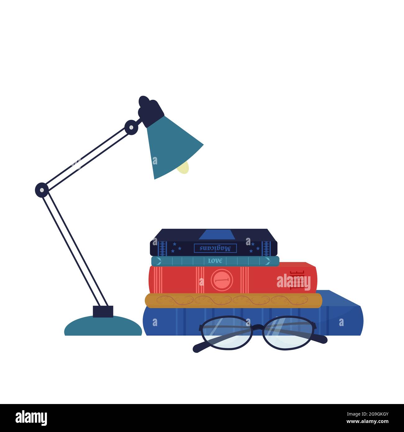 Composición pila de libros, lámpara de mesa, gafas de lectura. Elegante, colorido. Hobby, concepto de educación aislado sobre fondo blanco. Ilustración vectorial Ilustración del Vector