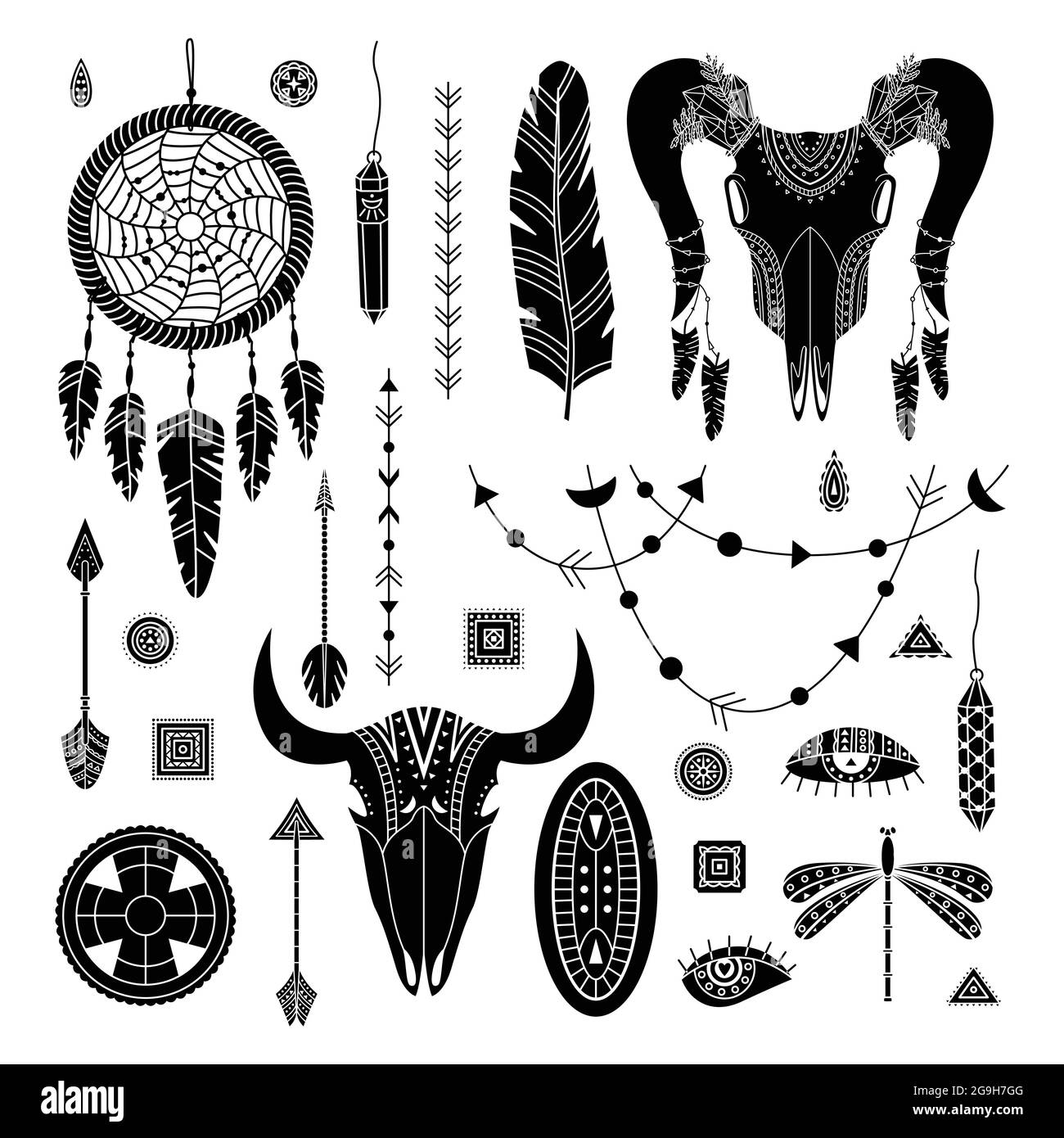 Conjunto vectorial de ilustraciones boho. Estilo simple. Dreamcathers, cráneo animal, plumas y flechas Imagen Vector de stock -